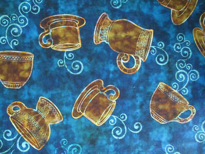 MOD COFFEE CUPS DRINKS BRIGHT COLORS TAN BLUE DIGITAL COTTON FABRIC BTHY