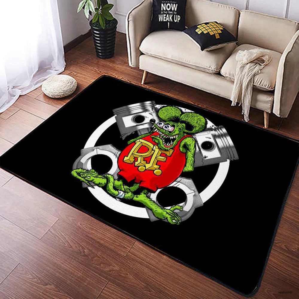 Rat Fink And Car Piston Doormat, Welcome Rug, Garage Rug, Living Room Rug