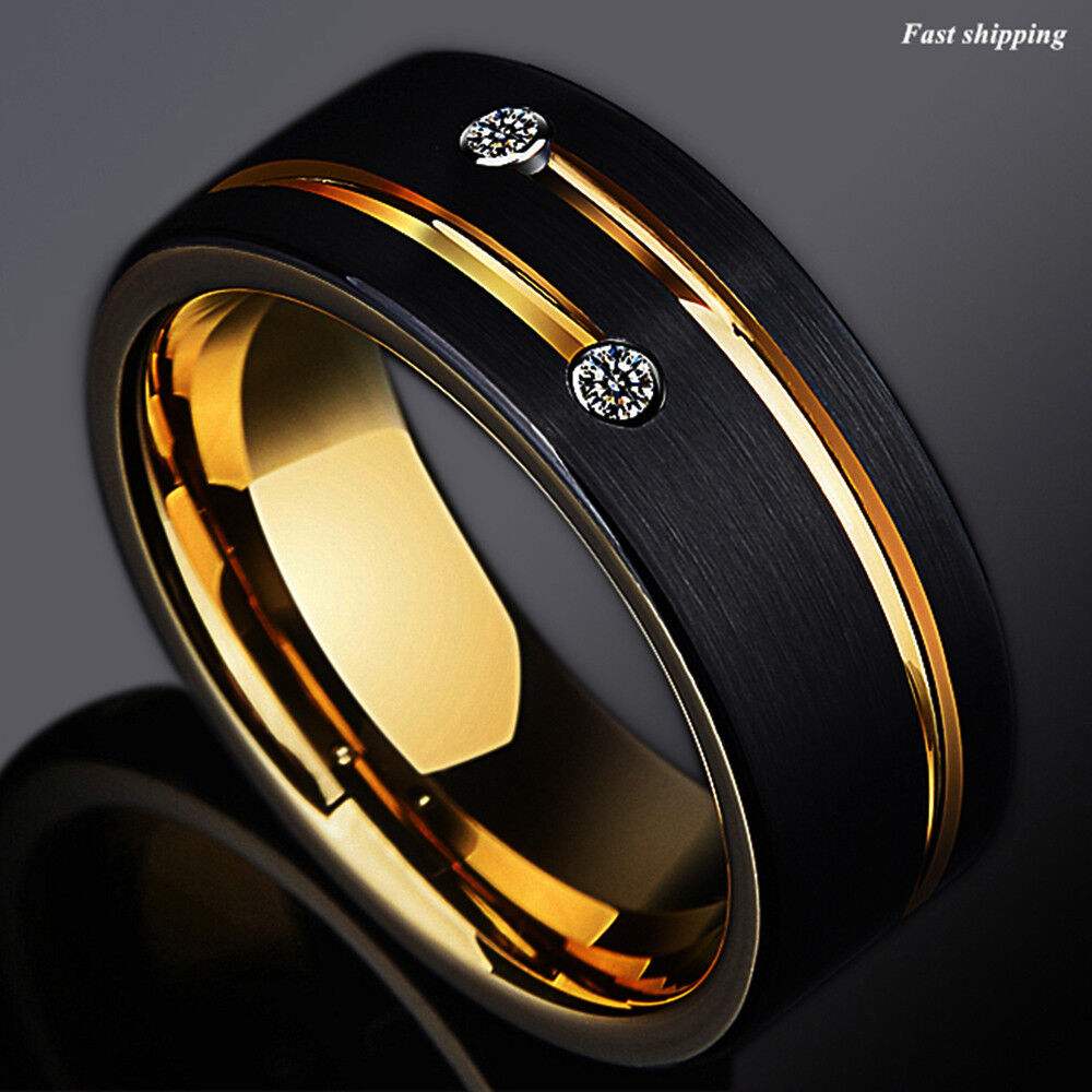 8mm Black Brushed Tungsten Ring Gold Grooved Line Diamond