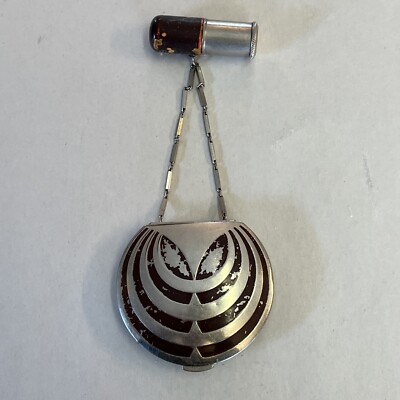 Vintage ART DECO COMPACT - Art Dark Brown & Silver Chained Lipstick & Compact