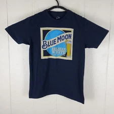 Blue Moon Shirt Mens Medium Blue Graphic Crew Neck Short Sleeve Stretch Beer