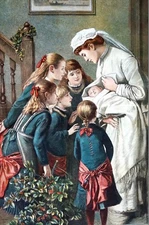 Christmas Baby 1882 NURSE and CHILDREN w NEW INFANT BOY FINALLY Engraving Print