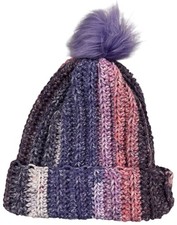 Crochet Ribbed Beanie With Faux Fur Pom Pom - Adult Size Grapey