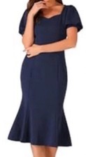 Navy Blue Midi Dress Sweetheart Neck Fit & Flare Short Puff Sleeve Solid