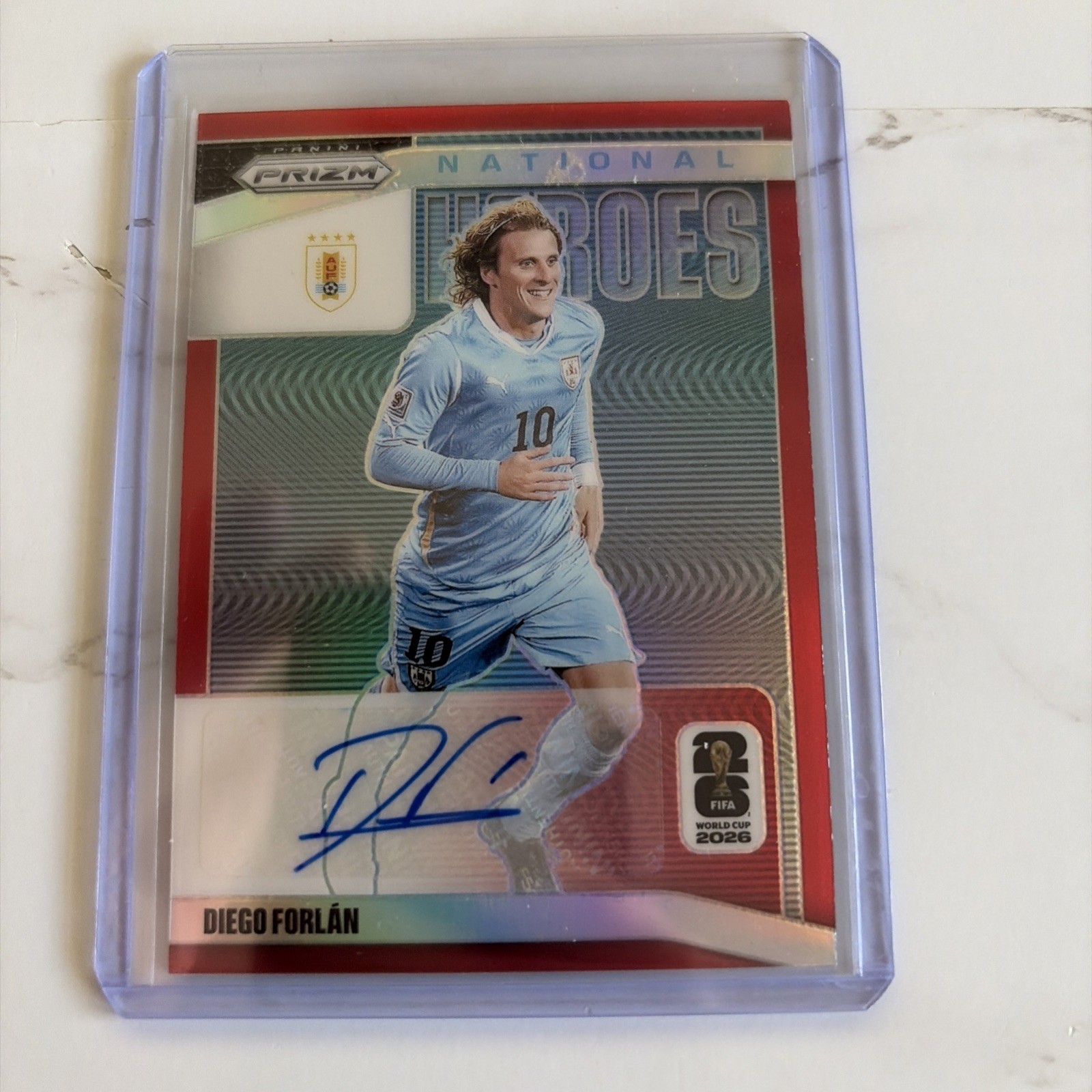 2026 Panini Prizm FIFA World Cup Diego Forlan National Heroes Red Auto #4/10 view 1