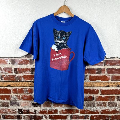 Vintage Funny Shirt Size XL Blue Short Sleeve I Dont Do Mornings Cat Humor USA