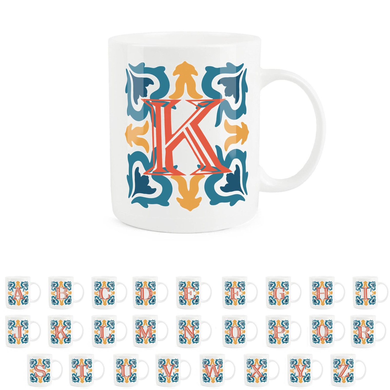Moroccan Tile Letter K Mug - Orange & Blue Bone China Gift Mug