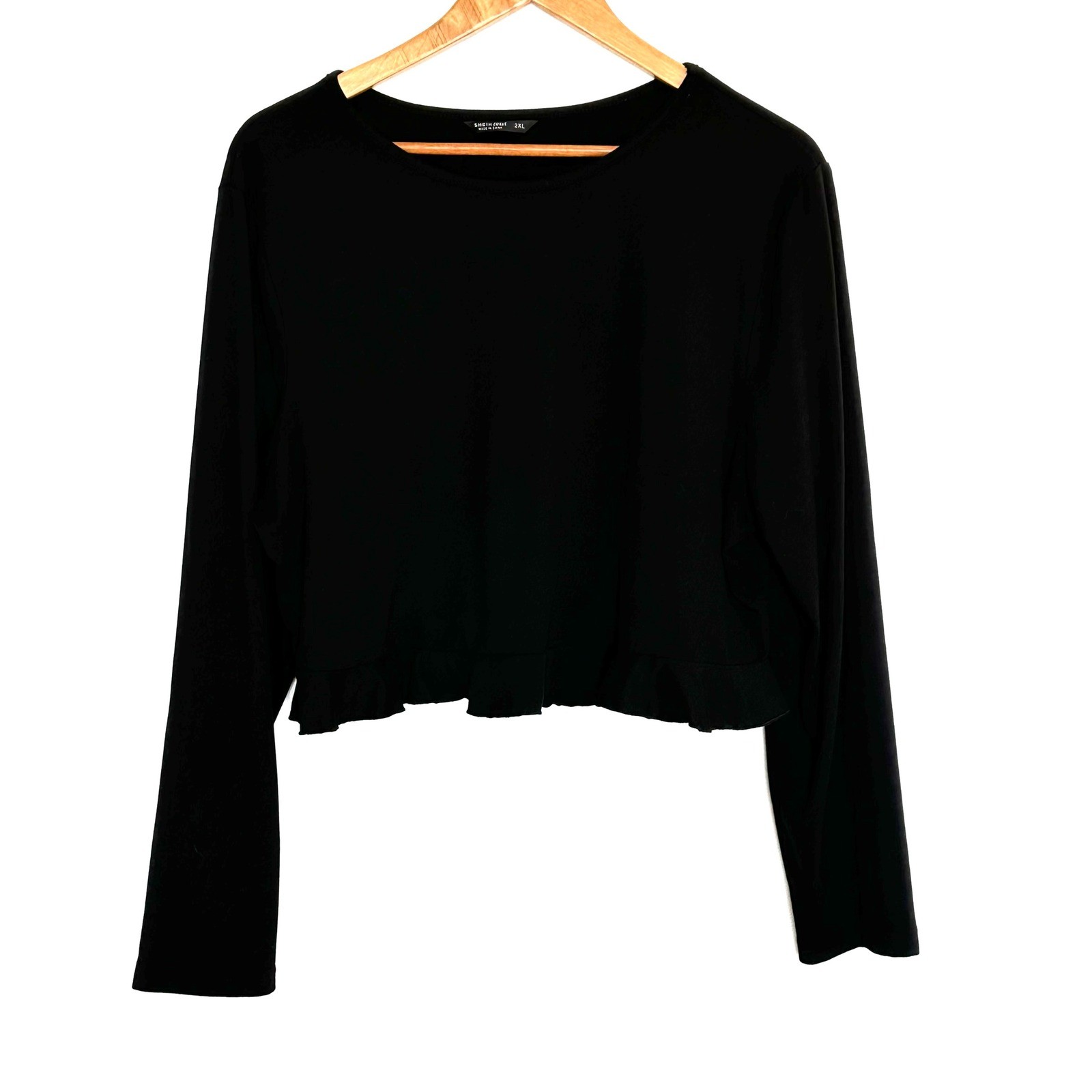 SHEIN CURVE Plus Crop Top Women's 2XL Black Long Sleeve Ruffle Hem Shirt