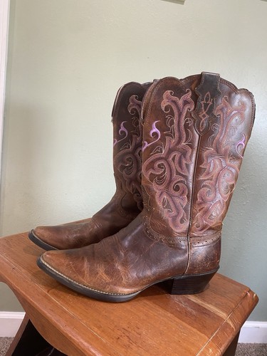 Justin Stiefel L2562 Damen 10C Braun Leder Flieder Nähte Cowgirl Westernstiefel