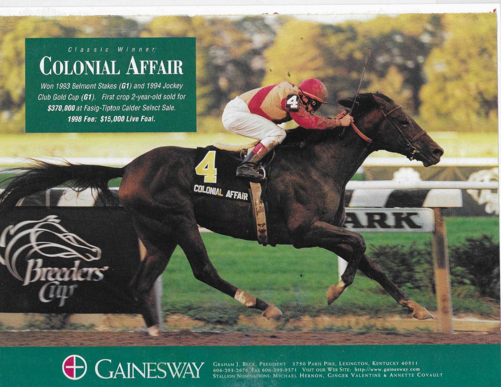 Horse Racing Colonial Affair  Gainesway  Original Print Ad