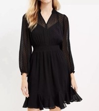 LOFT | Black Sheer Swiss Dot Clip Gadet Long-Sleeve Ruffled-Hem Mini Dress Sz 4