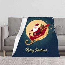 Durable Soft  Warm Flannel Blanket - Cozy Christmas Design with Santa Sleigh