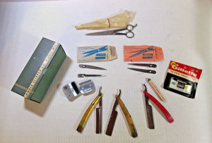 Vintage Barber Shop Items Hair Trimmers, Scissors, Straight Razors, Blades, etc.