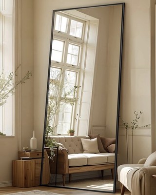 Modern Full-Length Black Framed Metal Mirror, Leaning/Wall Mounted/Freestanding