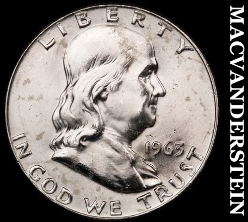 1963-D Silver Franklin Half Dollar - Splotchy  Choice Gem Brilliant Unc  #G8237