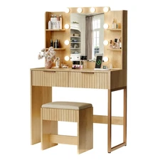 Vanity Desk with Lighted Mirror & Power Outlets & Drawer, Modern Dressing Table