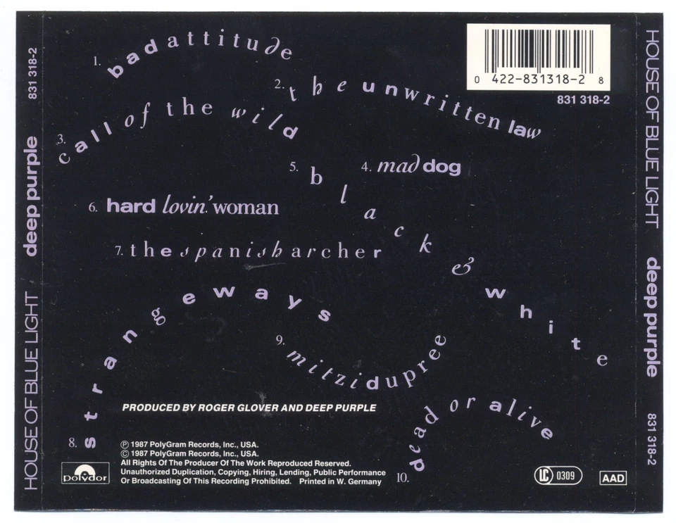 Deep Purple – The House Of Blue Light 831 318-2 CD Germany 1987 old release - Bild 3 von 3