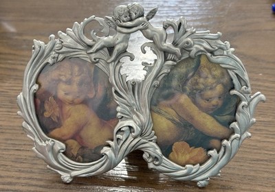 Cherubs Twin Photos Seagull Pewter Signed Photograph Portrait Oval Frame VTG