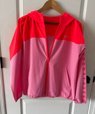 Under Armour Womens Hooded Full Zip Windbreaker Jacket Pink/Orange L Loose