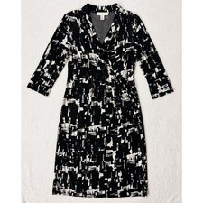 Coldwater Creek Faux Wrap Dress Womens 12 Black White Excellent Abstract Stretch