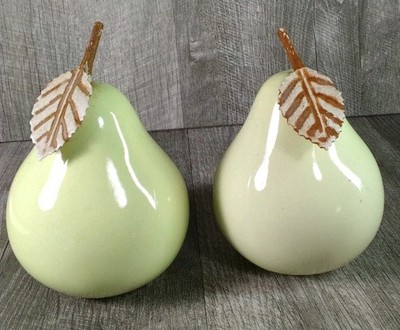 Vintage Ceramic Pears Two Light Green Glazed Finish Metal Leaf & Stem, 1 As Is