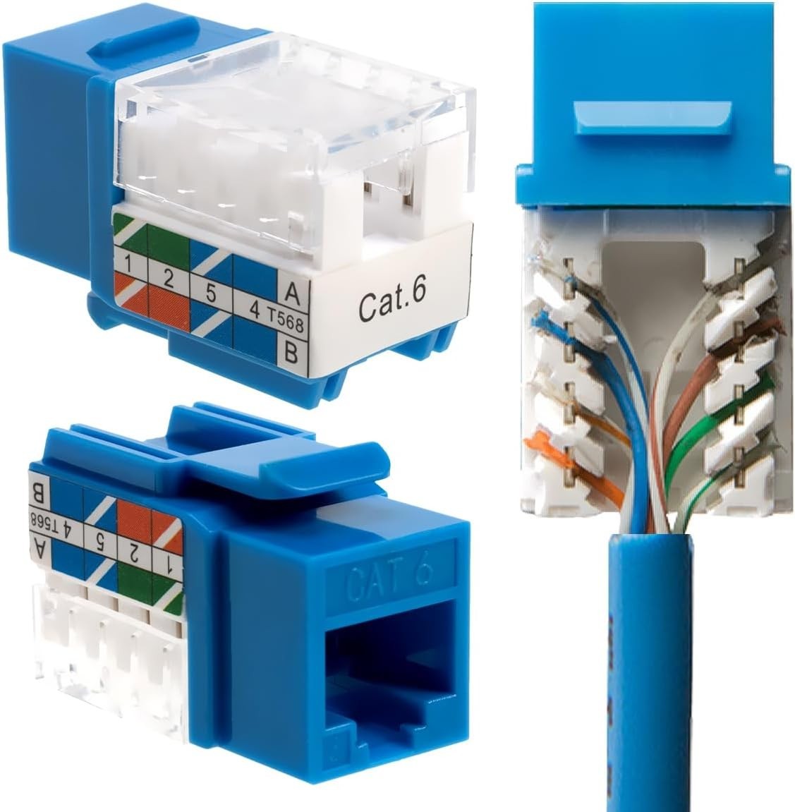 Slim Profile Cat6 Keystone Jacks, Blue, 50 Pack