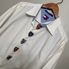 Vintage Tommy Hilfiger Ivory/White Button Down Shirt Crest Placket Logo Men's XL