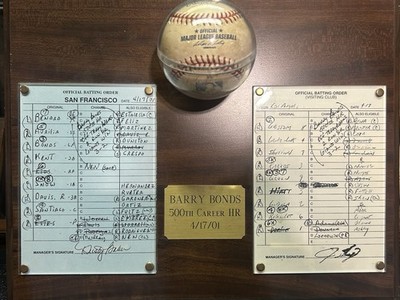 Barry Bonds 4/17/2001 500th HR Game Used Baseball Plaque Lineup GU Historic