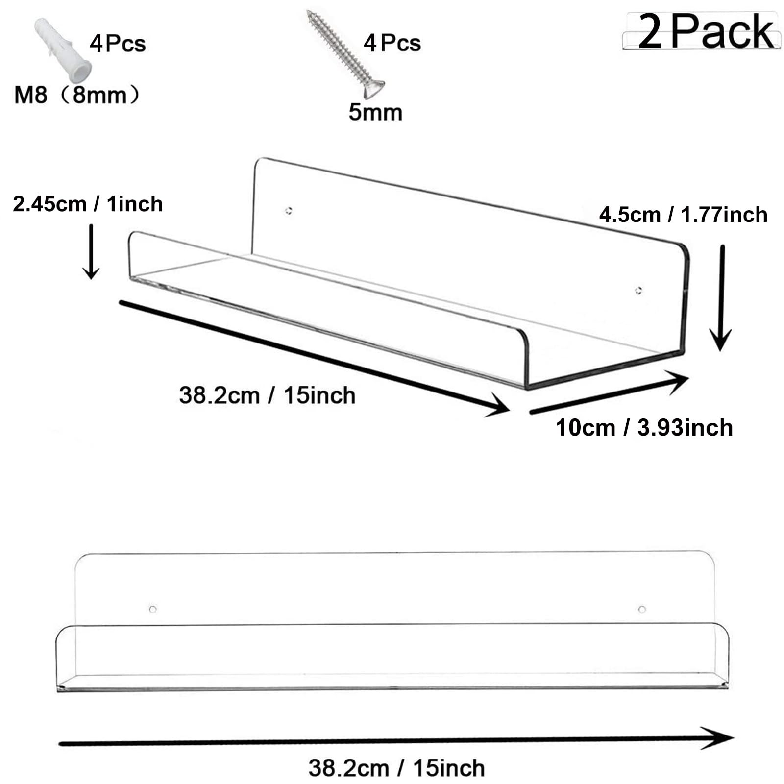 2 Pack Clear Acrylic Floating Shelves 15 Inch Wall Mounted Book Display