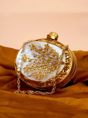 Crafted Mother of Pearl Clutch Purse Oval Shape Floral Metal Resin Wedding Gift - Picture 3 of 10