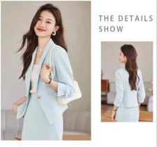 Tailleur Completo Donna Ufficio Giacca Blazer Set Gonna Azzurro Slim 22199