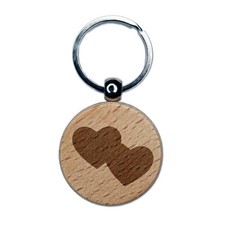 Double Heart Symbol Engraved Wood Round Keychain Tag Charm