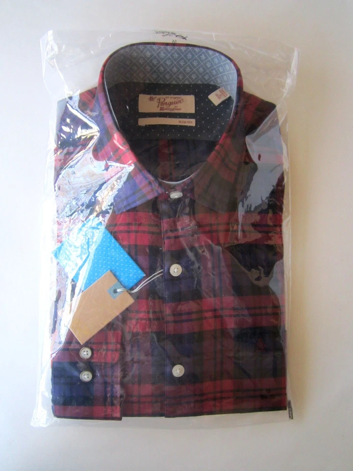 $90 Penguin Munsingwear Camisa a Cuadros Calce Ajustado Para Hombres Rojo Cordobés Manga Larga Nueva Foto 2 de 4