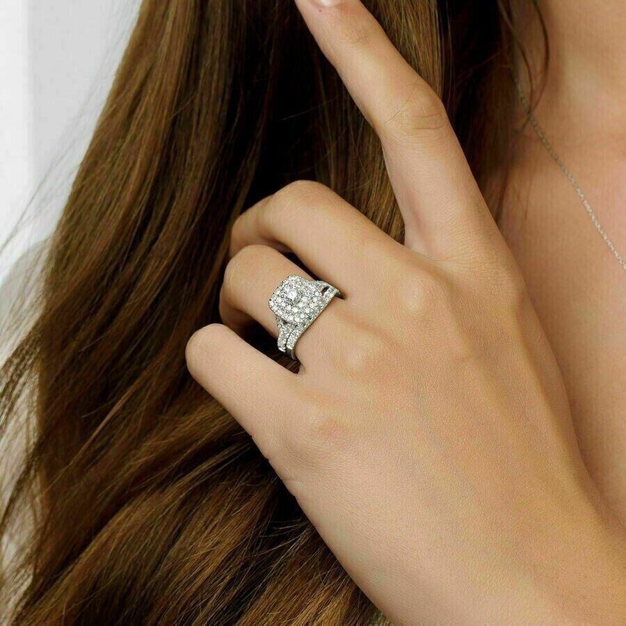 3 CT Round Cut Moissanite Solid 14K White Gold Wedding Bridal Ring Set ...