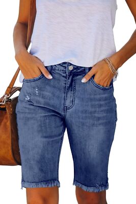 Women's Mid Waist Ripped Stretch Denim Jean Shorts - 5 Points Casual Summer