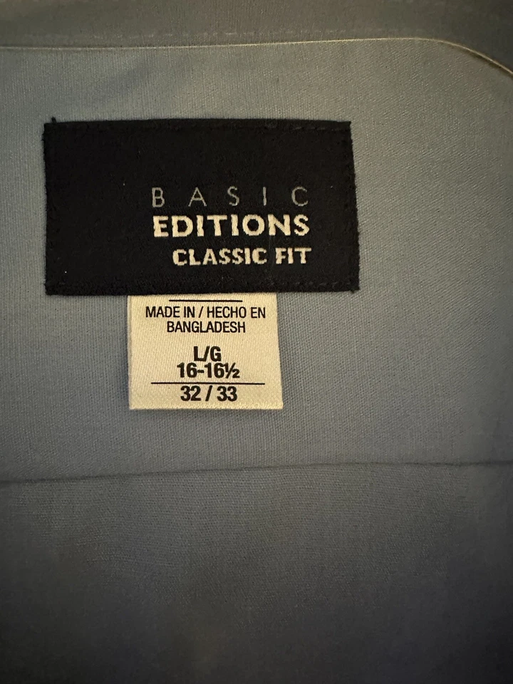 Camisa con botones Basic Editions para hombre talla grande 16-16,5 azul manga larga nueva con etiquetas Foto 3 de 3