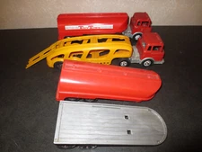 EARLY VINTAGE HUBLEY TRUCK GROUPING -TANKER, CAR CARRIER, TANKER TRLR, FLAT TRLR
