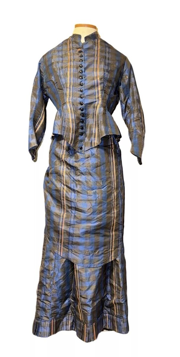 Victorian Late 1800s Blue Plaid Silk Top & Skirt Bustle Accordion Pleated  Hem | eBay