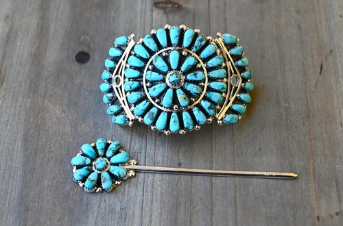 New BIG 4" X 2" Navajo D. Benally Hair Pin Sterling & Sleeping Beauty Turquoise - Picture 4 of 10