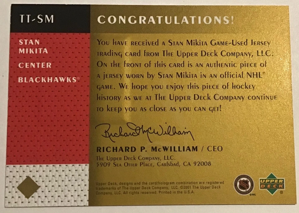 2001-02 STAN MIKITA UD NHL LEGENDS TIMELESS TRIBUTES JERSEY #TT-SM BLACKHAWKS - Image 2 of 2
