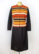 Vtg 60s 70s Mod Nelly Don Black Gold Stripe 2-Pc Vest Fit Flare Dress Suit 14