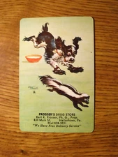 MID 1900'S VINTAGE PLAYING CARD SWAP COUPON BUTCH DOG CHASING A SKUNK