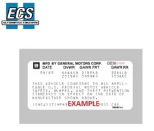 1987 Buick GM VIN Door Decal Sticker Date & VIN Printed, Grand National, Regal 