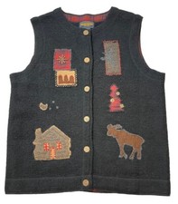 Woolrich Wool Vest Embroidered Cabin Moose Camp Black Patch Womens Med Christmas