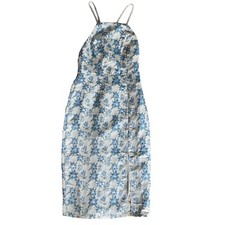 Lulus Size XS Blue Floral Satin Dress High Neck Strappy Back NWOT Flaw