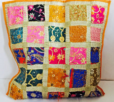Indian Vintage Handmade Mustard Patchwork Boho Cushion Cover Floor 60x60cm