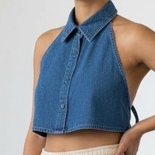 VTG Denim Halter Top Shirt Blue Button Front Size Large 80s 90s y2k  see notes