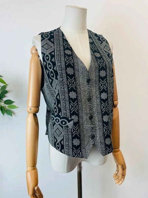 Vintage 90s Black White Tapestry Print Waistcoat 12 - Image 2 of 4