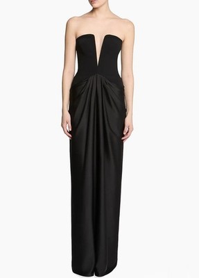 NWT Halston Sanna Deep Plunge Black Crepe & Satin Gown $595. Size 10