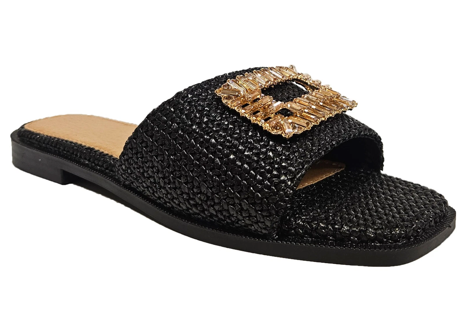 Truffle Collection Lux Raffia Mules Ladies Black Holiday Sliders